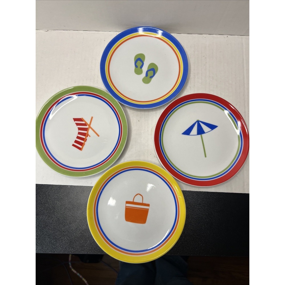 4 Tag Appetizer Dessert Plates Set Summer Beach Flip Flops Umbrella 6" Round